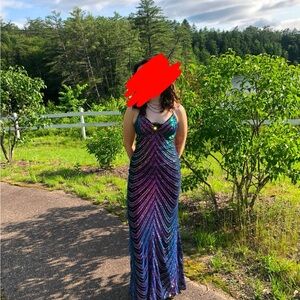 Vibrant Blue and Pink Sleeveless Spaghetti Strap Gown for Prom